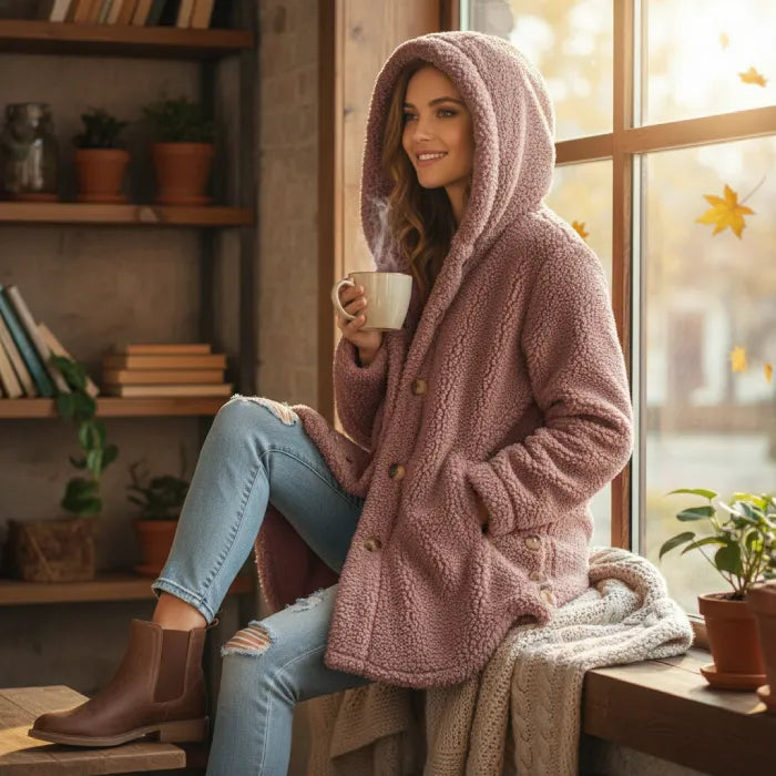 Cozy Sherpa Hooded Cardigan worn indoors with hood up holding a warm drink showcasing plush fleece comfort appeal