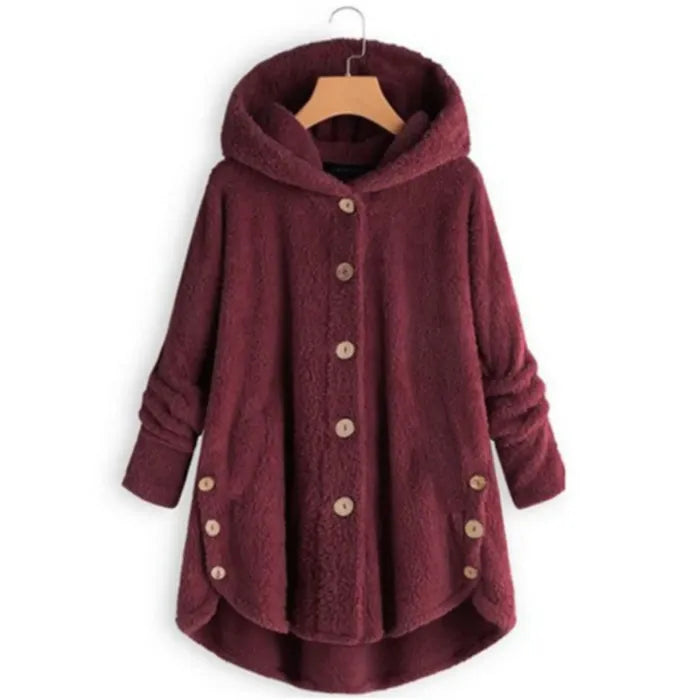 Cozy Sherpa Hooded Cardigan burgundy front view with plush sherpa fleece and hood for stylish cold weather comfort