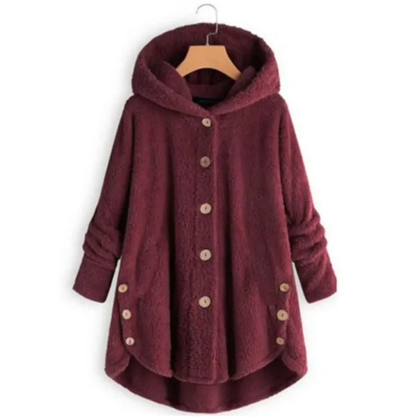 Cozy Sherpa Hooded Cardigan burgundy front view with plush sherpa fleece and hood for stylish cold weather comfort
