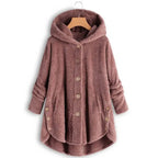 Cozy Sherpa Hooded Cardigan front view in dusty rose with plush fleece texture and buttons for warm casual layering