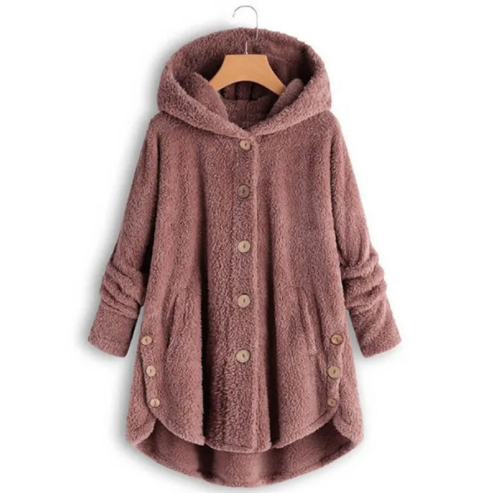 Cozy Sherpa Hooded Cardigan front view in dusty rose with plush fleece texture and buttons for warm casual layering