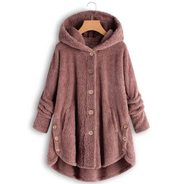 Cozy Sherpa Hooded Cardigan front view in dusty rose with plush fleece texture and buttons for warm casual layering