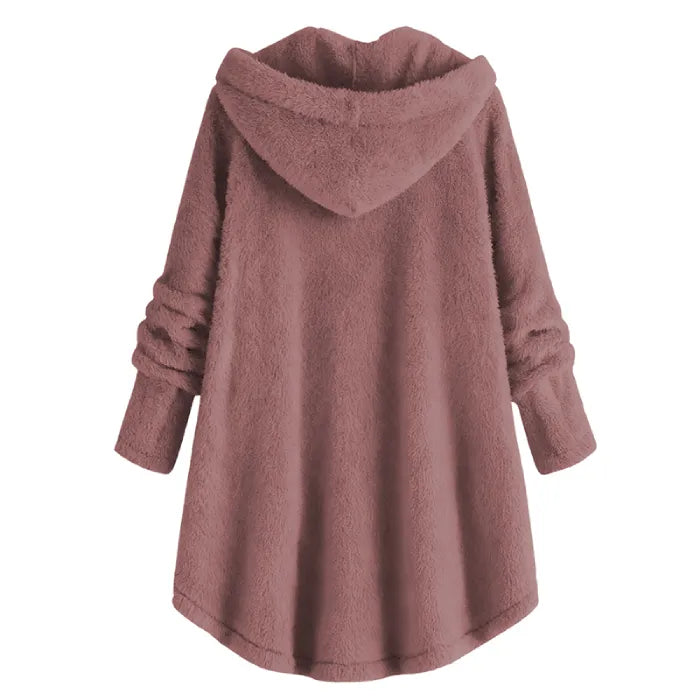 Cozy Sherpa Hooded Cardigan back view showing relaxed fit hood and soft fleece fabric for everyday winter comfort