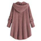 Cozy Sherpa Hooded Cardigan back view showing relaxed fit hood and soft fleece fabric for everyday winter comfort