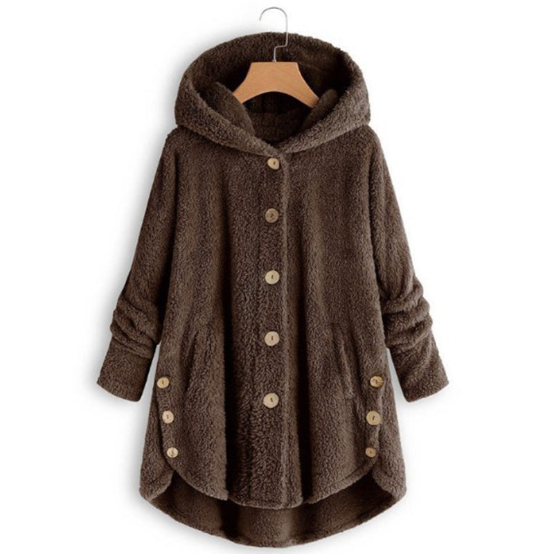 Cozy Sherpa Hooded Cardigan dark brown front view showcasing thick fleece warmth and relaxed fit for daily wear