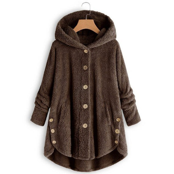 Cozy Sherpa Hooded Cardigan dark brown front view showcasing thick fleece warmth and relaxed fit for daily wear