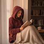 Cozy Sherpa Hooded Cardigan worn while reading by window with hood up showing plush sherpa fleece warmth