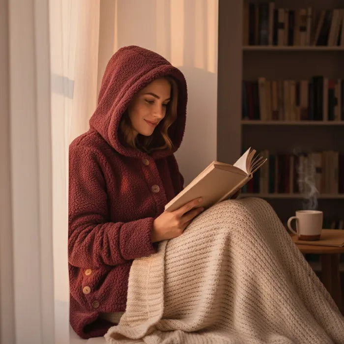 Cozy Sherpa Hooded Cardigan worn while reading by window with hood up showing plush sherpa fleece warmth