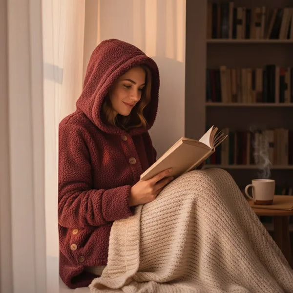 Cozy Sherpa Hooded Cardigan worn while reading by window with hood up showing plush sherpa fleece warmth
