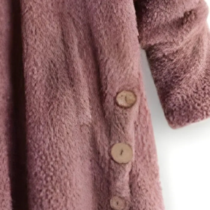 Cozy Sherpa Hooded Cardigan side view highlighting decorative buttons and soft sherpa fleece for cozy layered wear