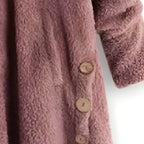 Cozy Sherpa Hooded Cardigan side view highlighting decorative buttons and soft sherpa fleece for cozy layered wear