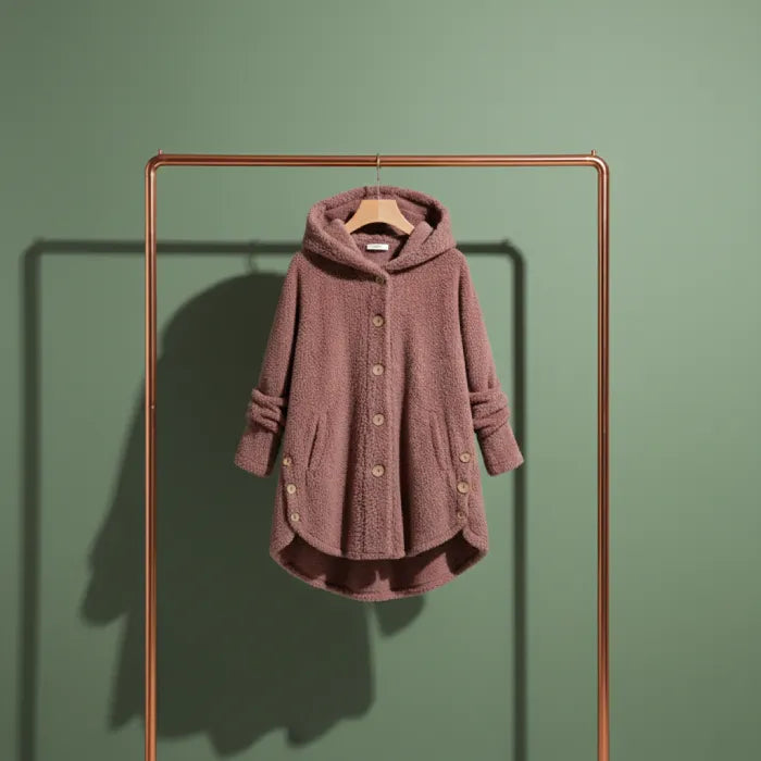 Cozy Sherpa Hooded Cardigan hanging display showing full silhouette hooded design and plush fleece for cold weather