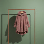 Cozy Sherpa Hooded Cardigan hanging display showing full silhouette hooded design and plush fleece for cold weather