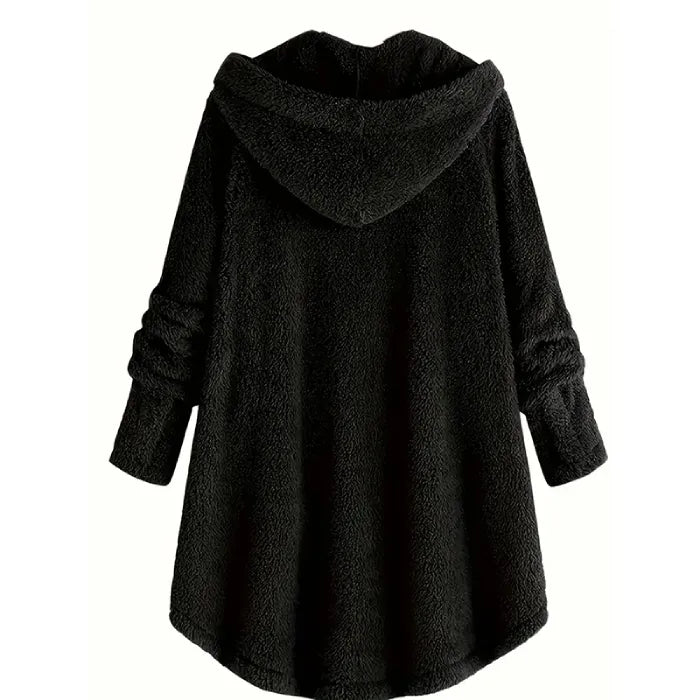Cozy Sherpa Hooded Cardigan black back view featuring hooded fleece design with relaxed drape for winter layering