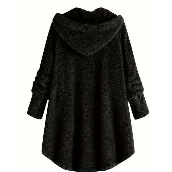 Cozy Sherpa Hooded Cardigan black back view featuring hooded fleece design with relaxed drape for winter layering