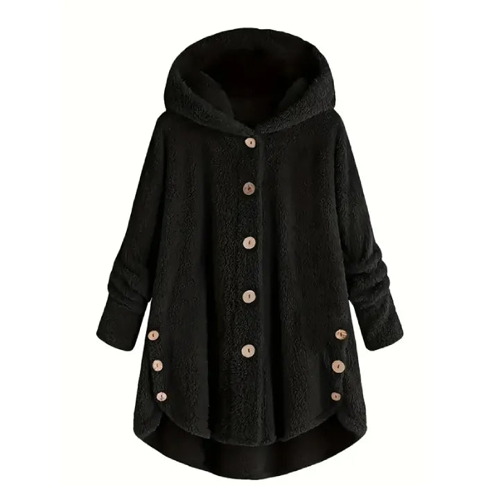 Cozy Sherpa Hooded Cardigan black front view with button closure soft fleece fabric and cozy everyday wear appeal