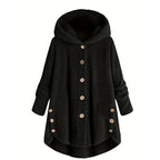 Cozy Sherpa Hooded Cardigan black front view with button closure soft fleece fabric and cozy everyday wear appeal
