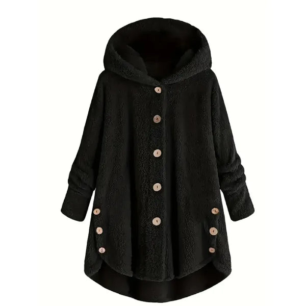 Cozy Sherpa Hooded Cardigan black front view with button closure soft fleece fabric and cozy everyday wear appeal