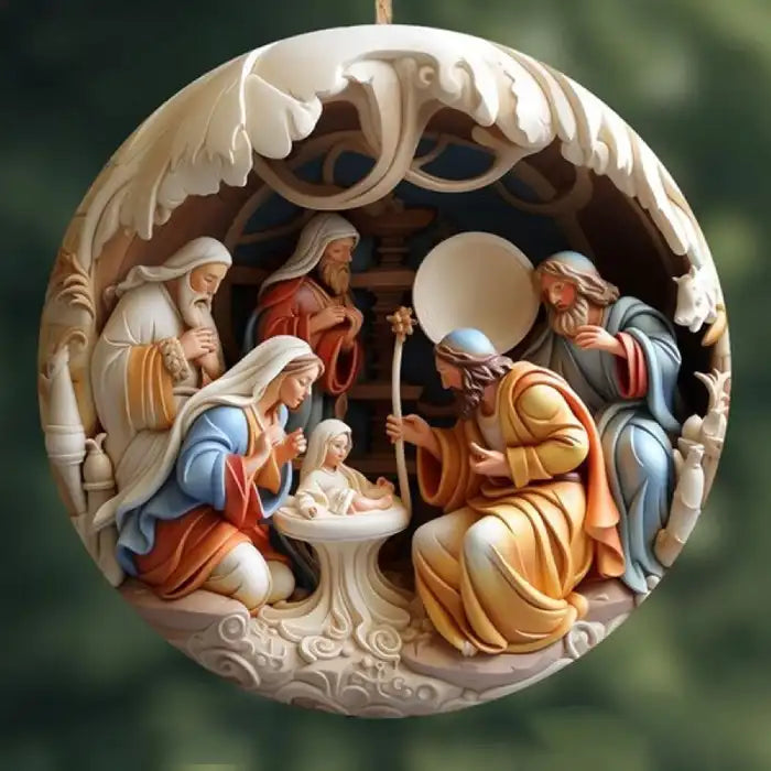 Crafted Christmas Ornaments showing nativity with Joseph, Mary, baby Jesus, and wise men in detailed round carving