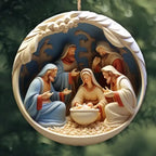 Crafted Christmas Ornaments nativity scene with modern color accents, blue background, and baby Jesus centerpiece