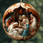 Crafted Christmas Ornaments with holy family, warm tones, dove above baby Jesus, and carved flame symbol
