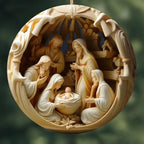 Crafted Christmas Ornaments carved beige nativity scene with glowing effect, wise men, and baby Jesus in center