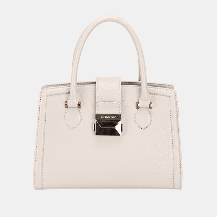 Cream leather designer handbag with polished silver hardware and structured silhouette in classic tote style