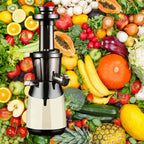 Slow masticating juicer in cream color with fresh tropical fruits and organic vegetables for healthy juice making