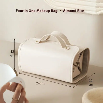 Cream makeup bag with dimensions of 24cm by 12cm, perfect for compact and organized travel use.