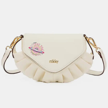  Elegant cream colored pleated handbag with space planet design, perfect for contemporary women's accessories collection