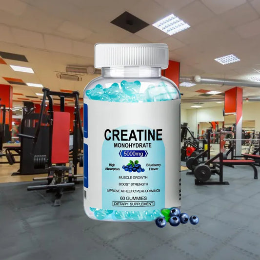 Creatine monohydrate gummies in gym setting, blueberry flavored, promotes muscle growth.