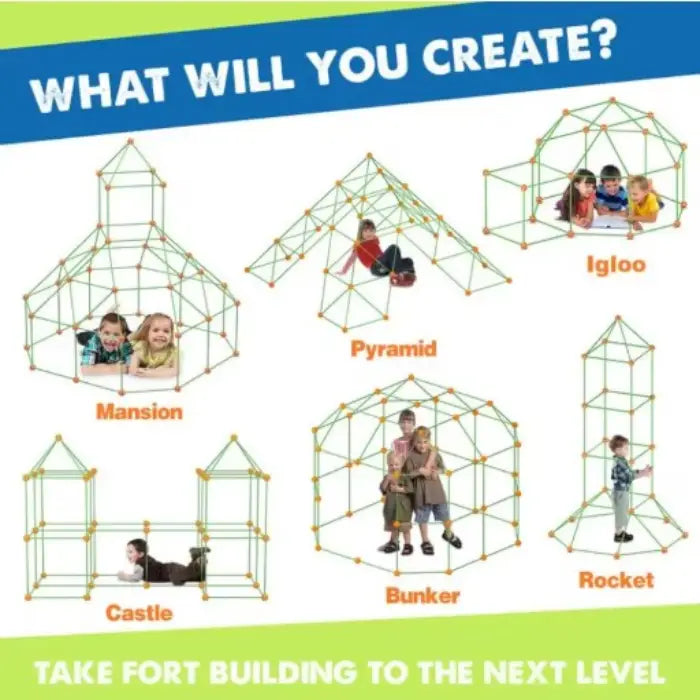 STEM construction kit showing multiple fort designs including mansion, pyramid, igloo, castle, bunker and rocket configurations