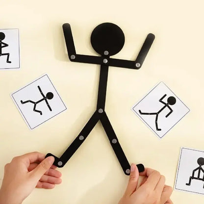 Wooden stick figure toy and a full set of pose cards featuring various stick figure actions.