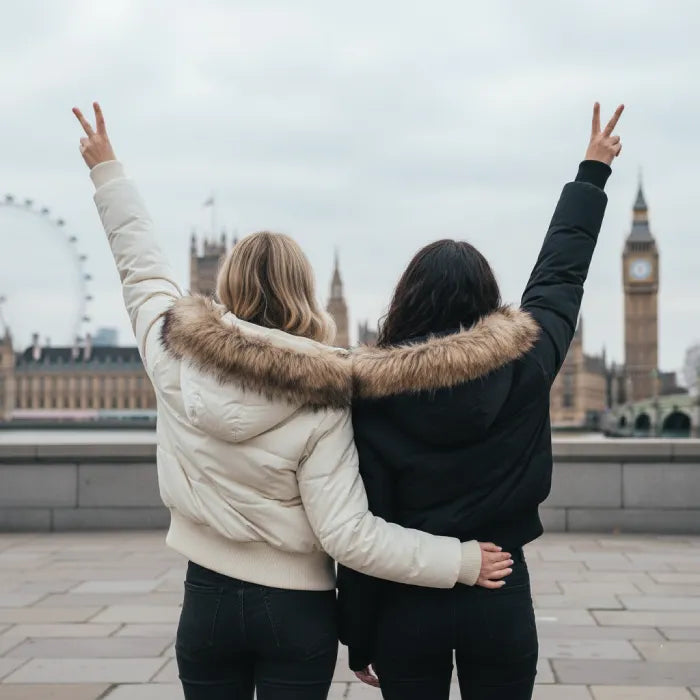 Cropped bomber jacket with fur hood from behind, winter-ready puffer jacket showing cozy insulation and relaxed fit