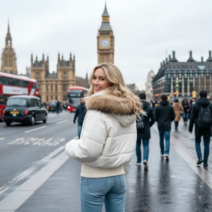 Cropped bomber jacket with fur hood shown from back, padded winter puffer design highlighting fit, insulation and style