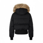 Cropped bomber jacket with fur hood in black shown from back, padded winter bomber design built for warmth and comfort