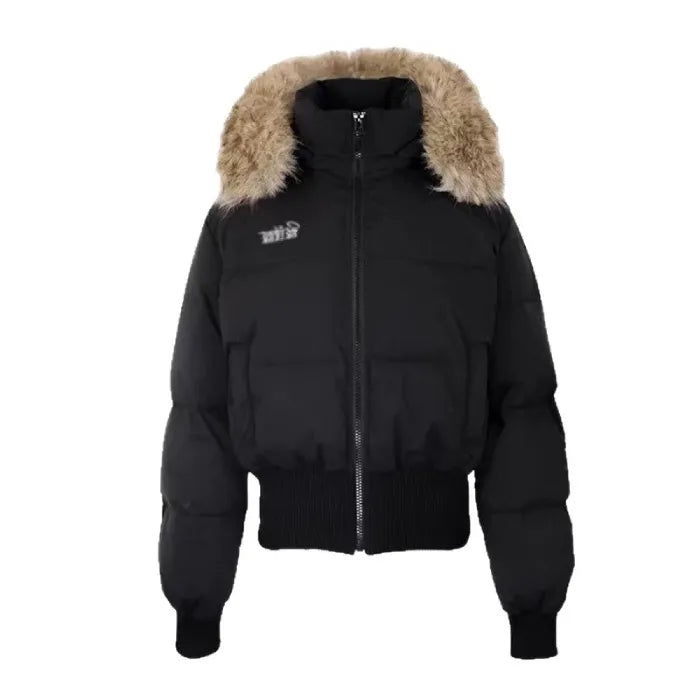 Cropped bomber jacket with fur hood in black, front view highlighting padded winter bomber design and cozy faux fur trim