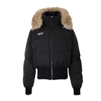 Cropped bomber jacket with fur hood in black, front view highlighting padded winter bomber design and cozy faux fur trim