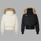 Cropped bomber jacket with fur hood shown in black and cream, winter puffer comparison highlighting style and warmth