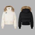 Cropped bomber jacket with fur hood shown in black and cream, winter puffer options offering warmth and style choice