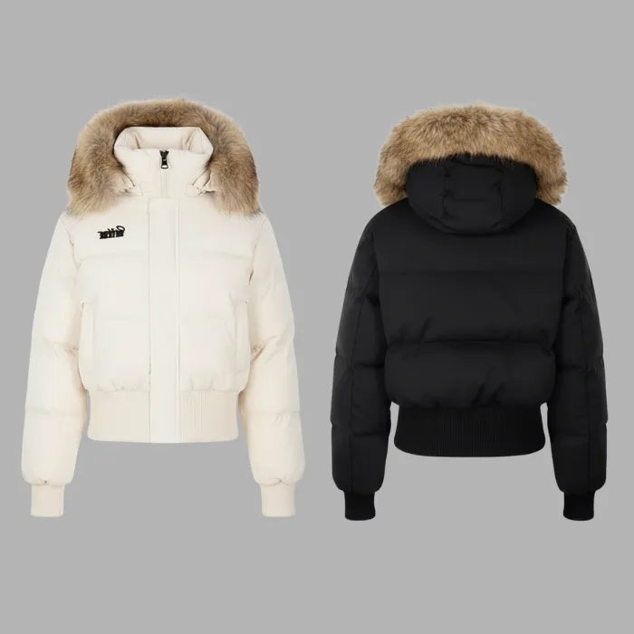 Cropped bomber jacket with fur hood shown in black and cream, winter puffer options offering warmth and style choice
