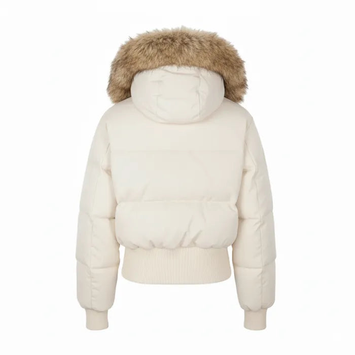 Cropped bomber jacket with fur hood in cream color, back view highlighting puffer insulation and winter-ready comfort