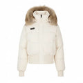 Cropped bomber jacket with fur hood in cream, front view showing padded winter bomber style with faux fur warmth