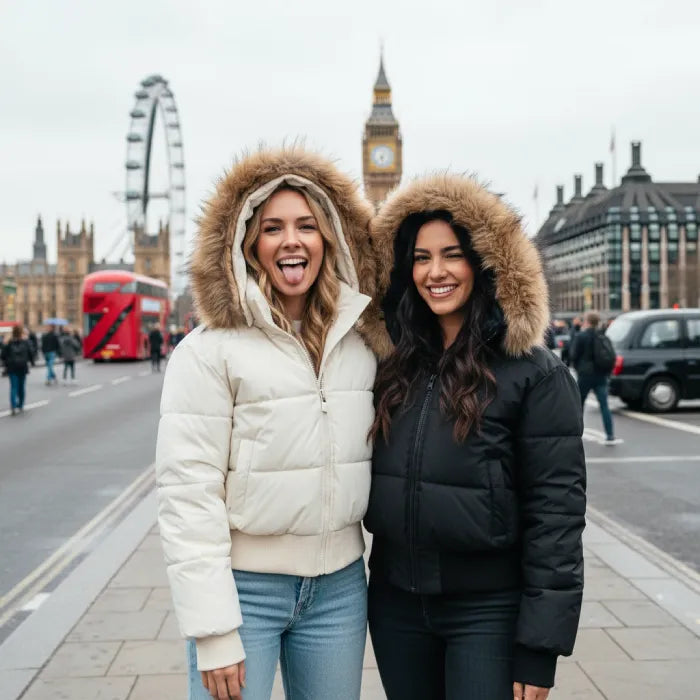 Cropped bomber jacket with fur hood styled with friend, winter puffer look showing warmth, comfort and urban fashion vibe