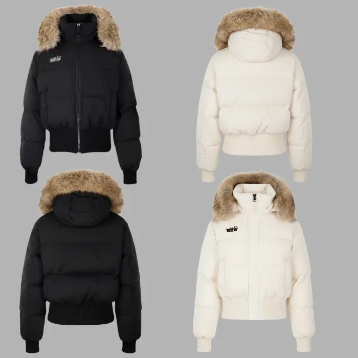 Cropped bomber jacket with fur hood shown in black and cream, front and back views highlighting padded winter puffer fit