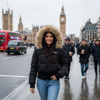 Cropped bomber jacket with fur hood worn outdoors in city street, winter puffer fit with faux fur warmth and style