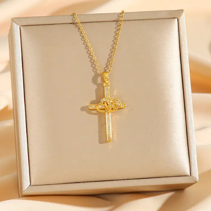 Cross Heart Necklace Set gold pendant displayed on jewelry box with shimmering crystal cross and heart accent for a meaningful gift