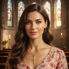 Cross Heart Necklace Set gold pendant worn in a church setting, highlighting crystal cross with heart detail for meaningful faith jewelry