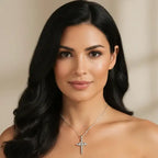 Cross Heart Necklace Set silver pendant worn by model, showing crystal cross and heart design for elegant everyday faith jewelry