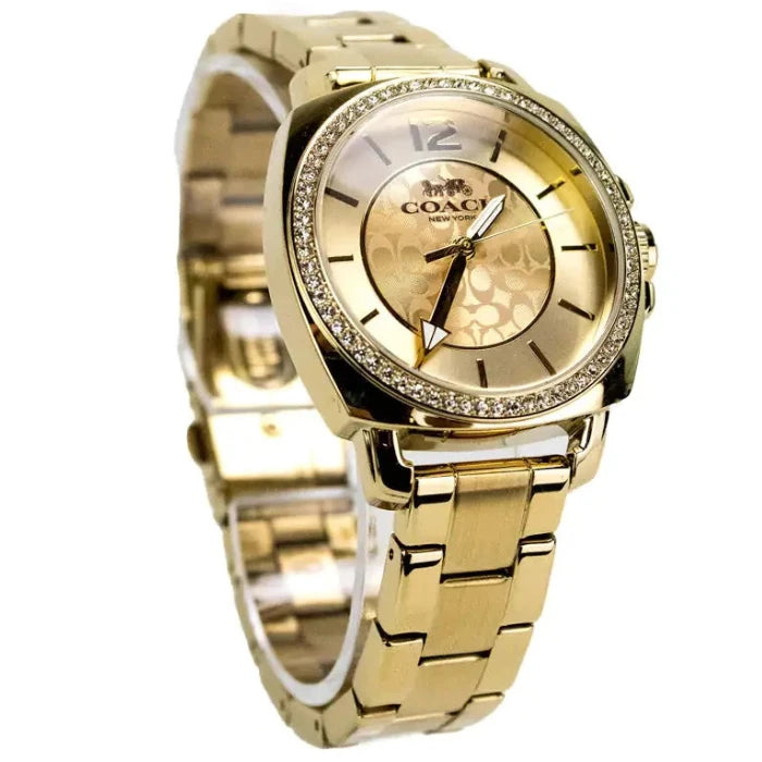 Gold-tone timepiece with crystal accents shown at dynamic angle